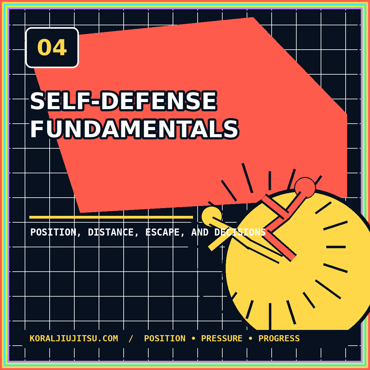 Neon typography card reading Self-Defense Fundamentals with abstract grappling figures