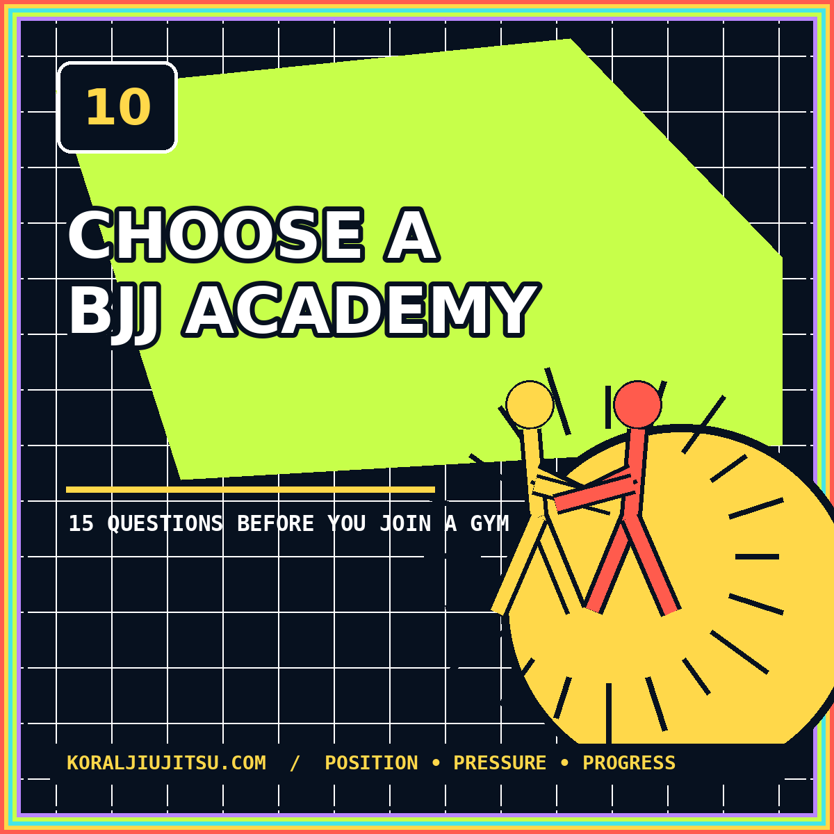 Neon typography card reading Choose a BJJ Academy with abstract standing grapplers