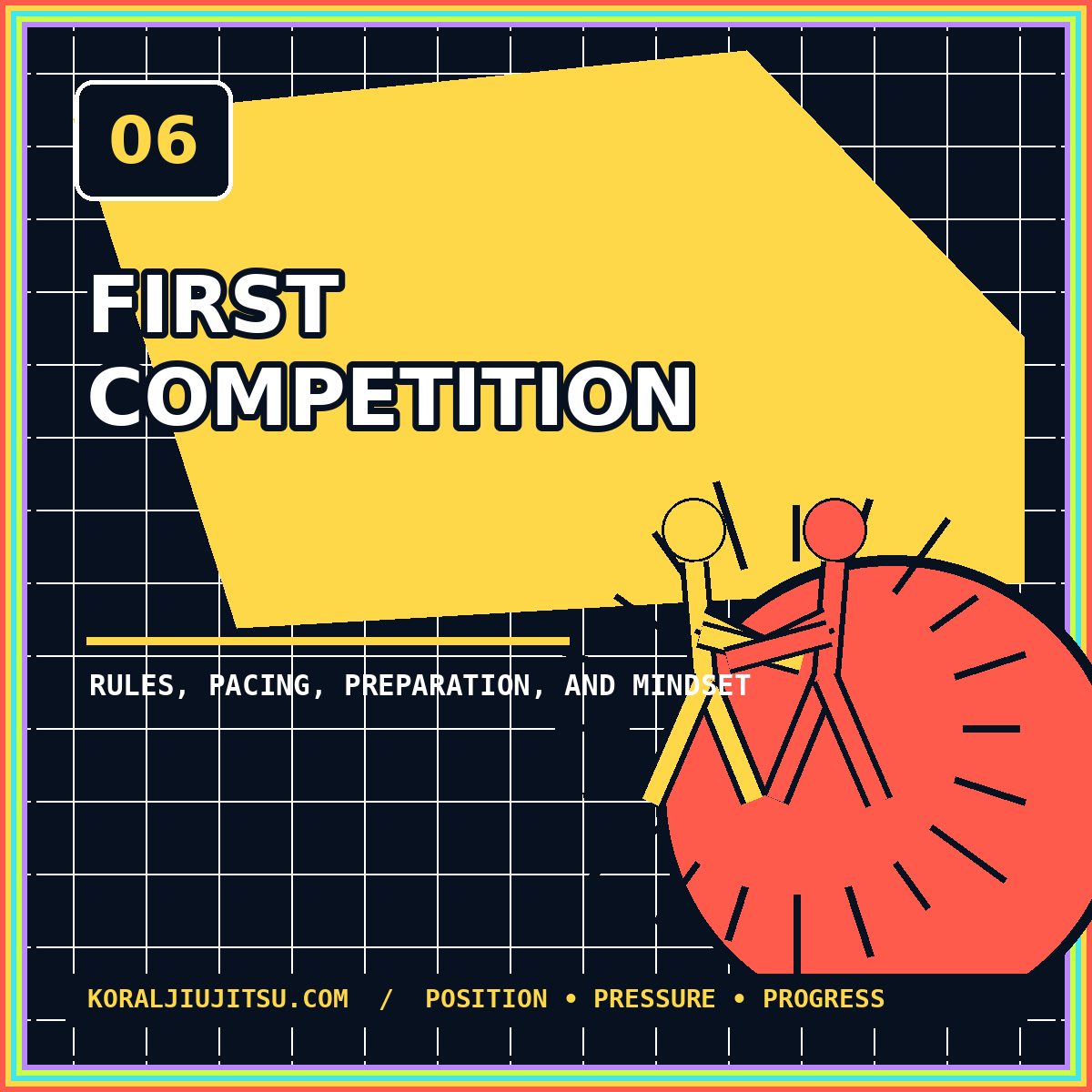 Neon typography card reading First Competition with abstract standing grapplers