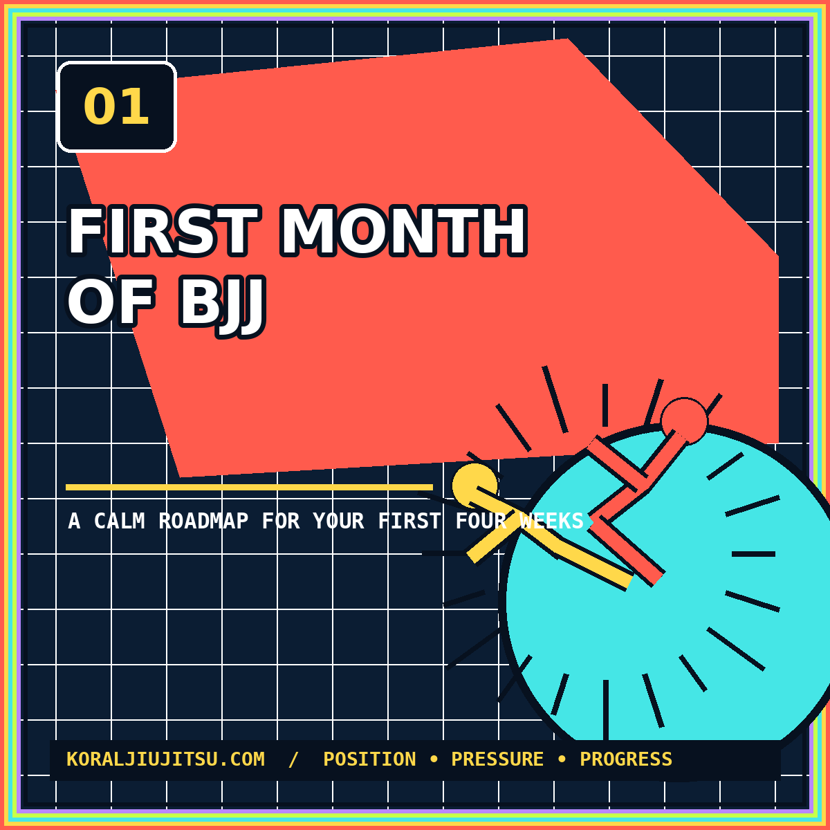 Neon typography card reading First Month of BJJ with abstract grappling figures