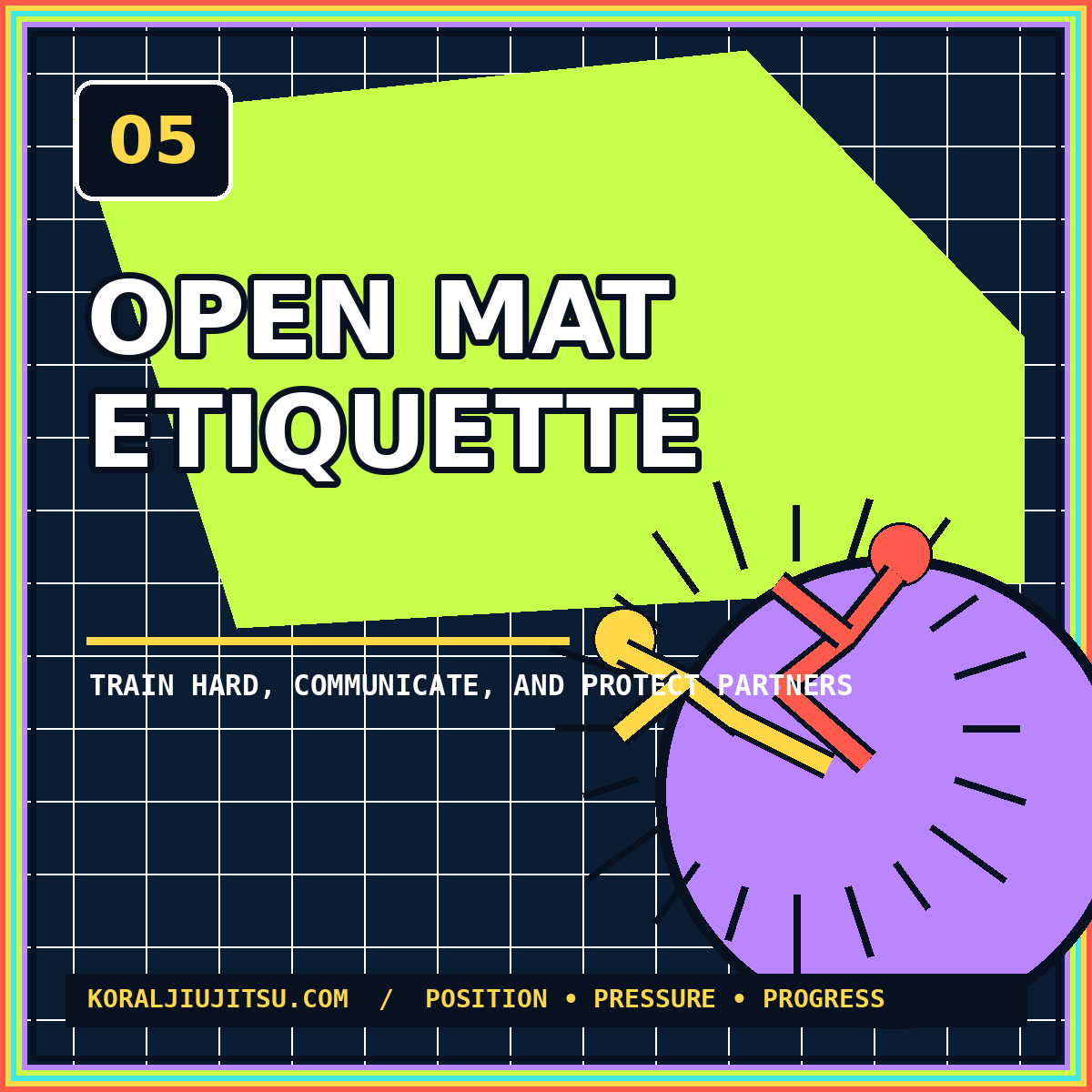 Neon typography card reading Open Mat Etiquette with abstract grappling figures