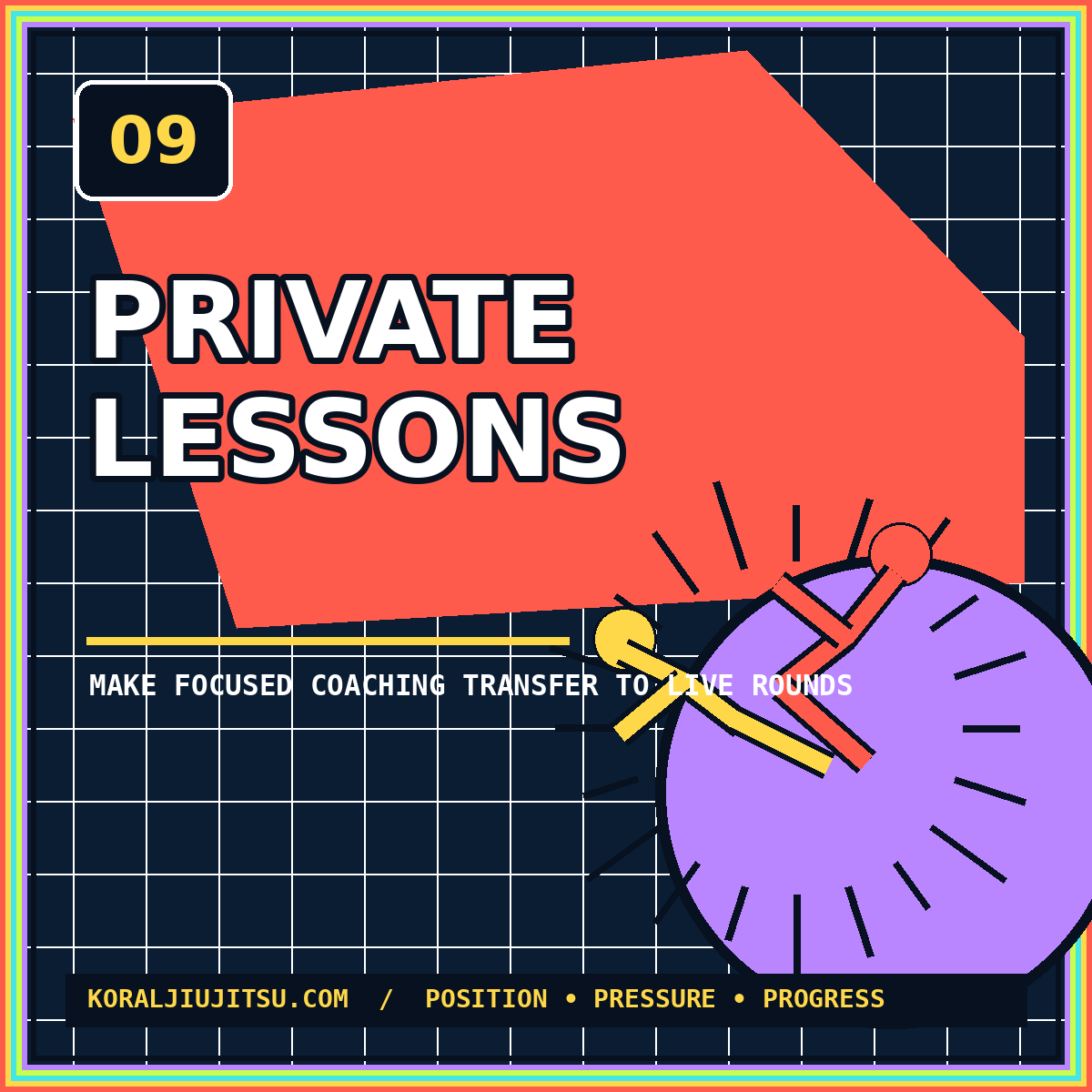 Neon typography card reading Private Lessons with abstract grappling figures