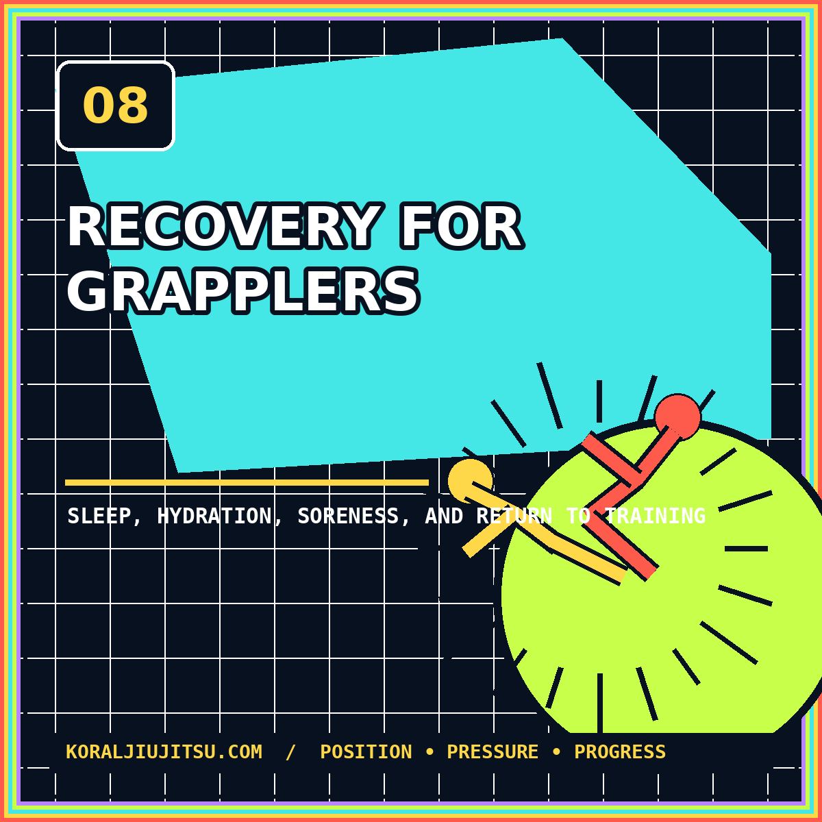 Neon typography card reading Recovery for Grapplers with abstract figures